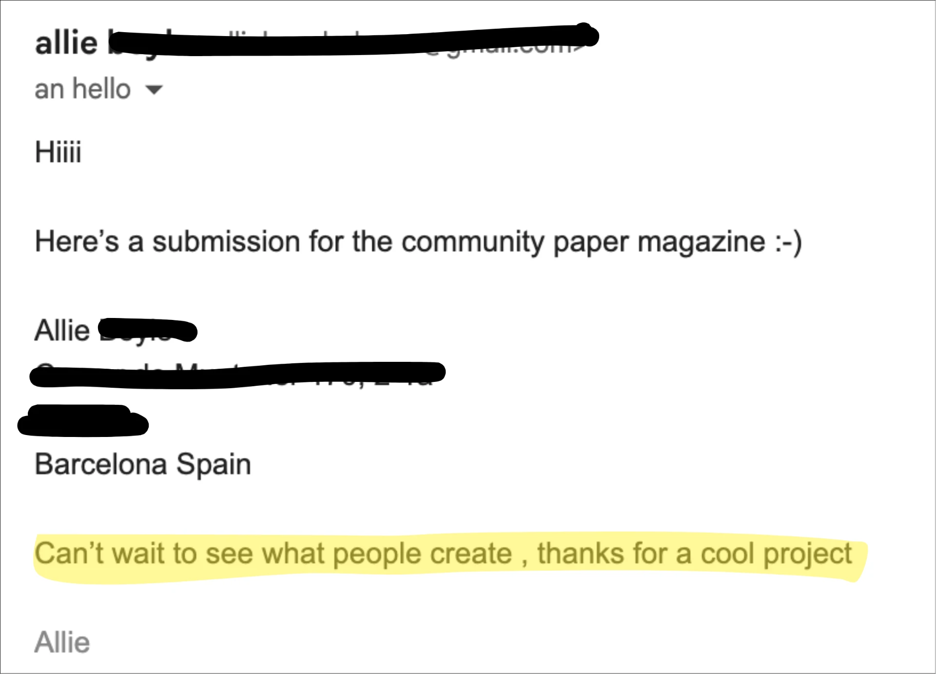 Email from Allie in Barcelona: Here's a submission for the community paper magazine