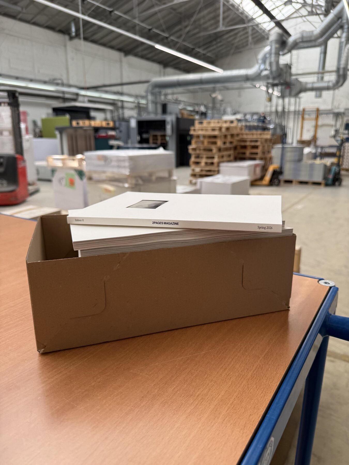 Freshly printed copies of 2Pages Issue 01 in a box at the print factory in Berlin