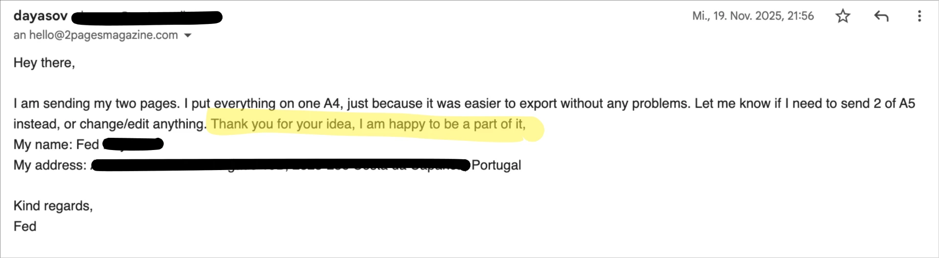 Email from Fed in Portugal: Thank you for your idea, I am happy to be a part of it