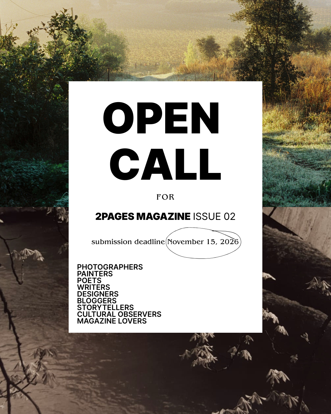 Open call poster for 2Pages Magazine Issue 02 — submission deadline November 15, 2026