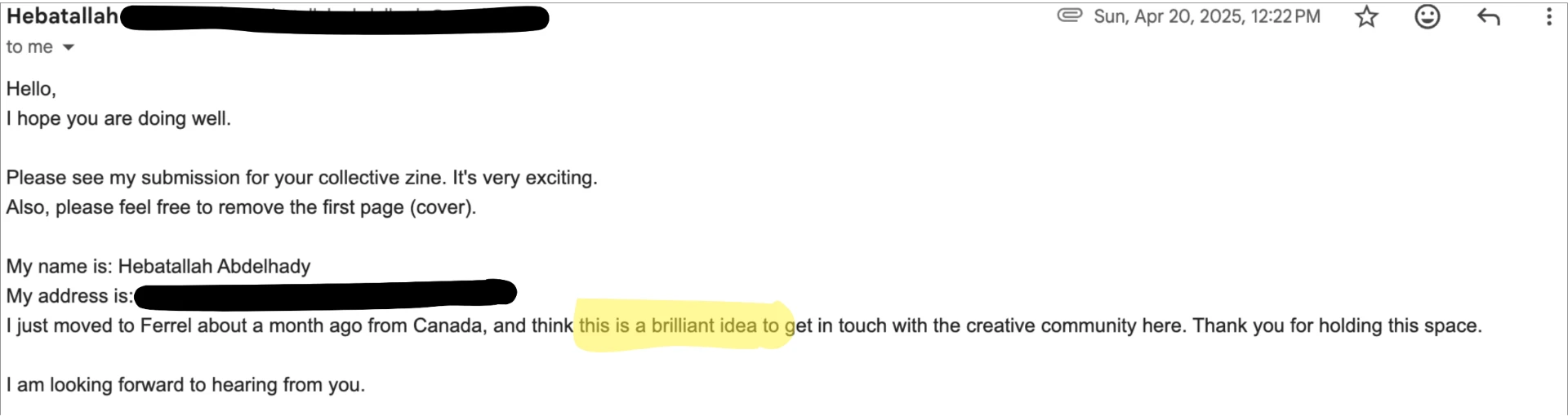 Email from Hebatallah: This is a brilliant idea to get in touch with the creative community here