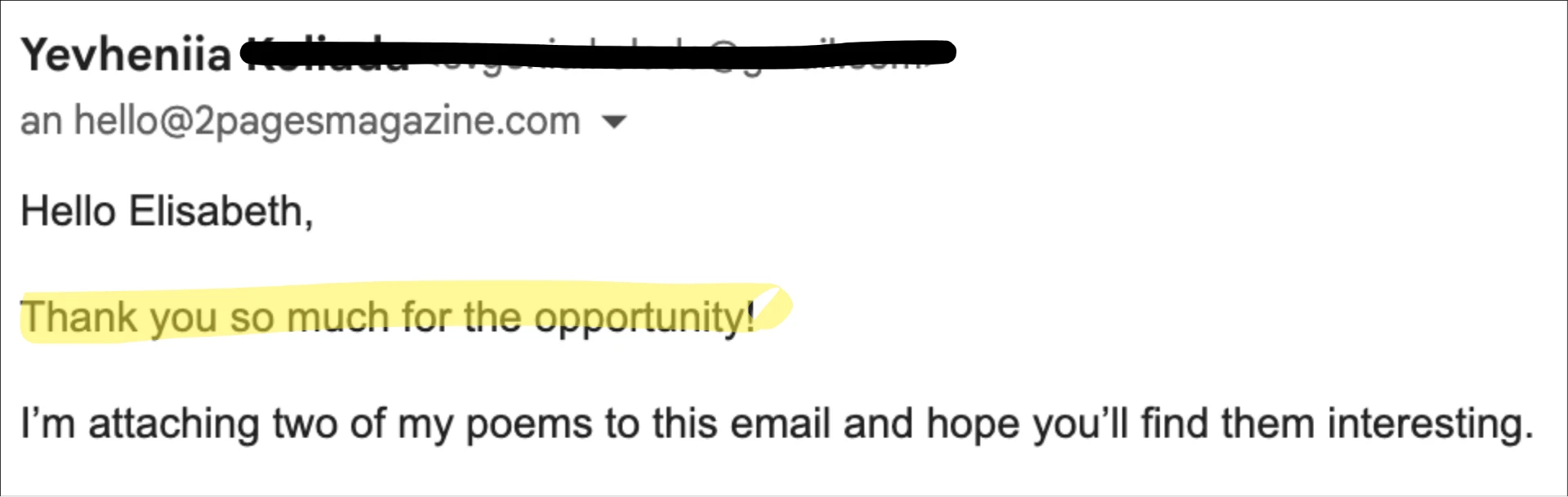 Email from Yevheniia: Thank you so much for the opportunity!